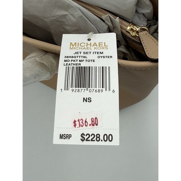 Michael Kors Jet Set Medium Tote Oyster Beige Leather Shoulder Bag NWT $228 - Picture 7 of 11